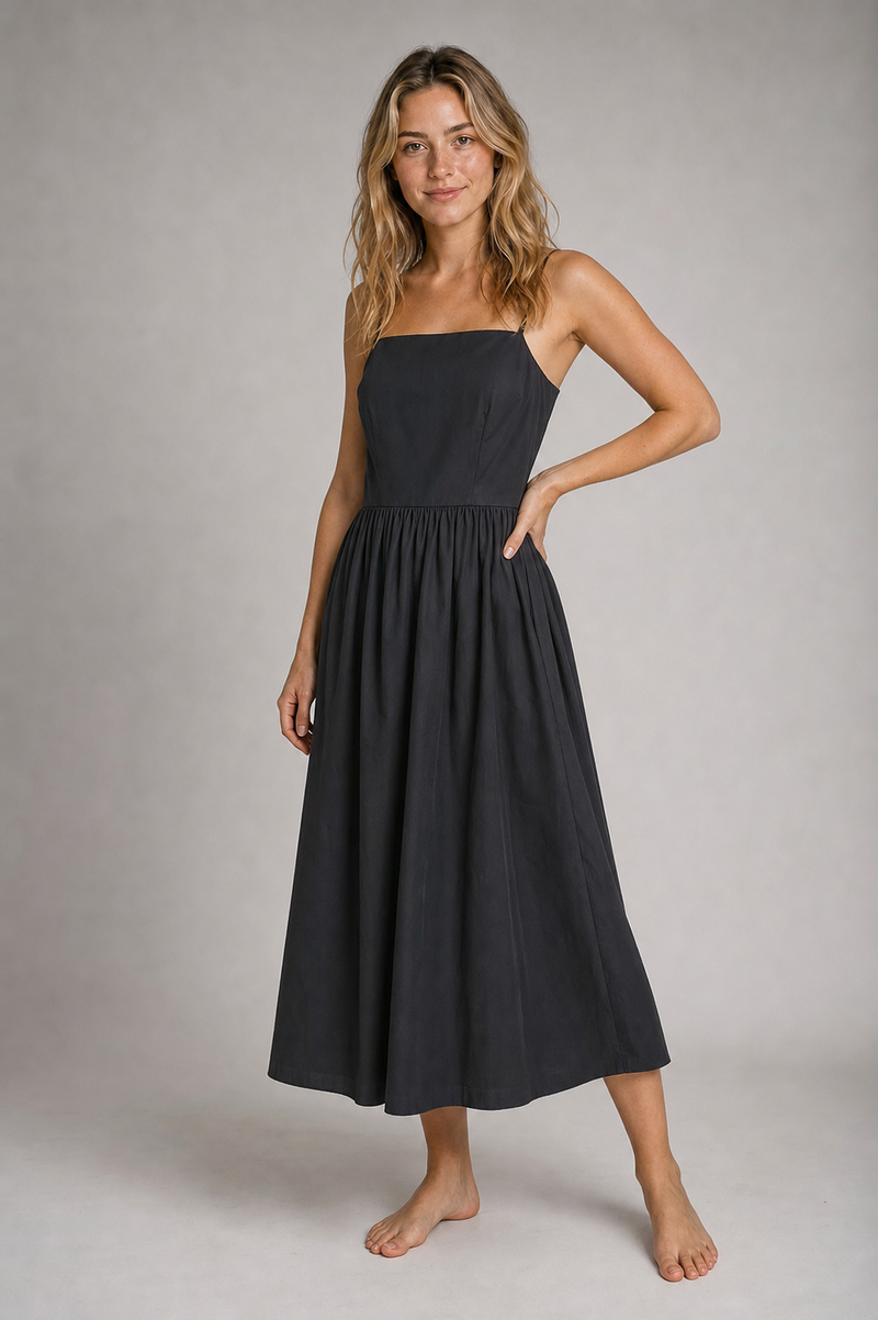 Alecto Pleated Midi Dress | Women's Spaghetti-Strap Sleeveless Wedding-Guest Dress
