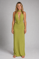 Annie Backless Maxi Dress | Women's Collared Sleeveless Cocktail Dress in Yellow Green