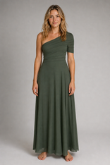 Sienna Ruched Mesh Maxi Dress | Women's Off-Shoulder Wedding-Guest Gown in Sage