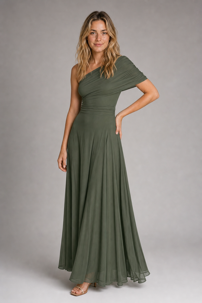 Sienna Ruched Mesh Maxi Dress | Women's Off-Shoulder Wedding-Guest Gown