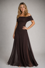 Sienna Ruched Mesh Maxi Dress | Women's Off-Shoulder Wedding-Guest Gown in Brown