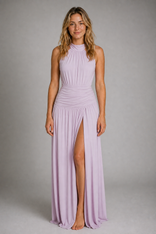 Katie Pleated Maxi Dress | Women's Halter Sleeveless Cocktail Dress in Pink