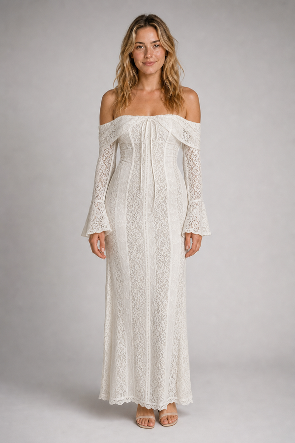 Abby Floral Lace Maxi Dress | Women's Off-Shoulder Wedding-Guest Gown