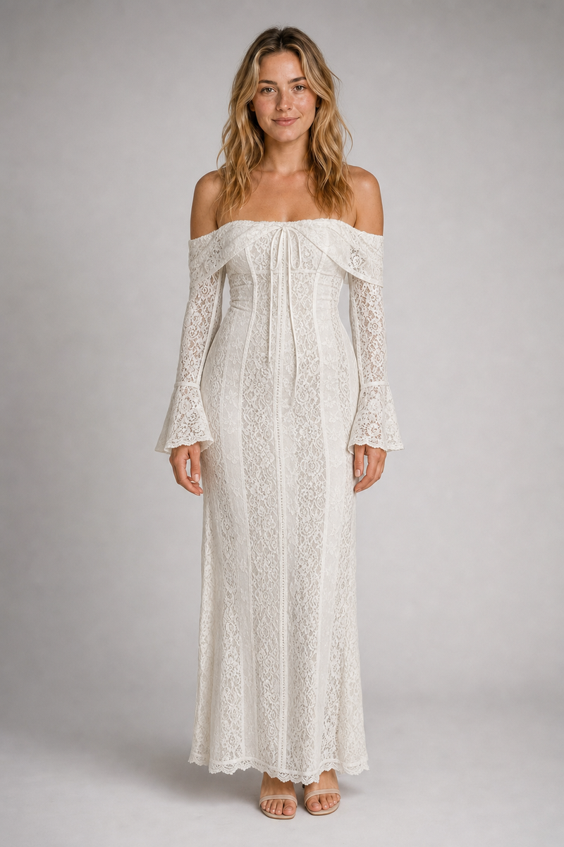 Abby Floral Lace Maxi Dress | Women's Off-Shoulder Wedding-Guest Gown
