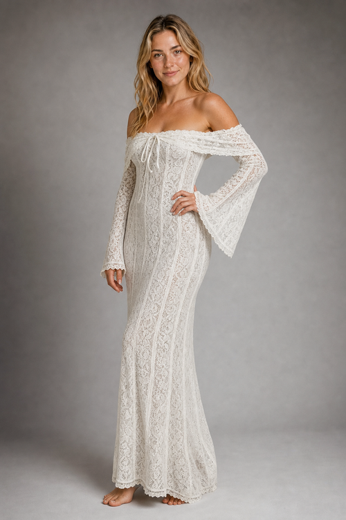 Abby Floral Lace Maxi Dress | Women's Off-Shoulder Wedding-Guest Gown