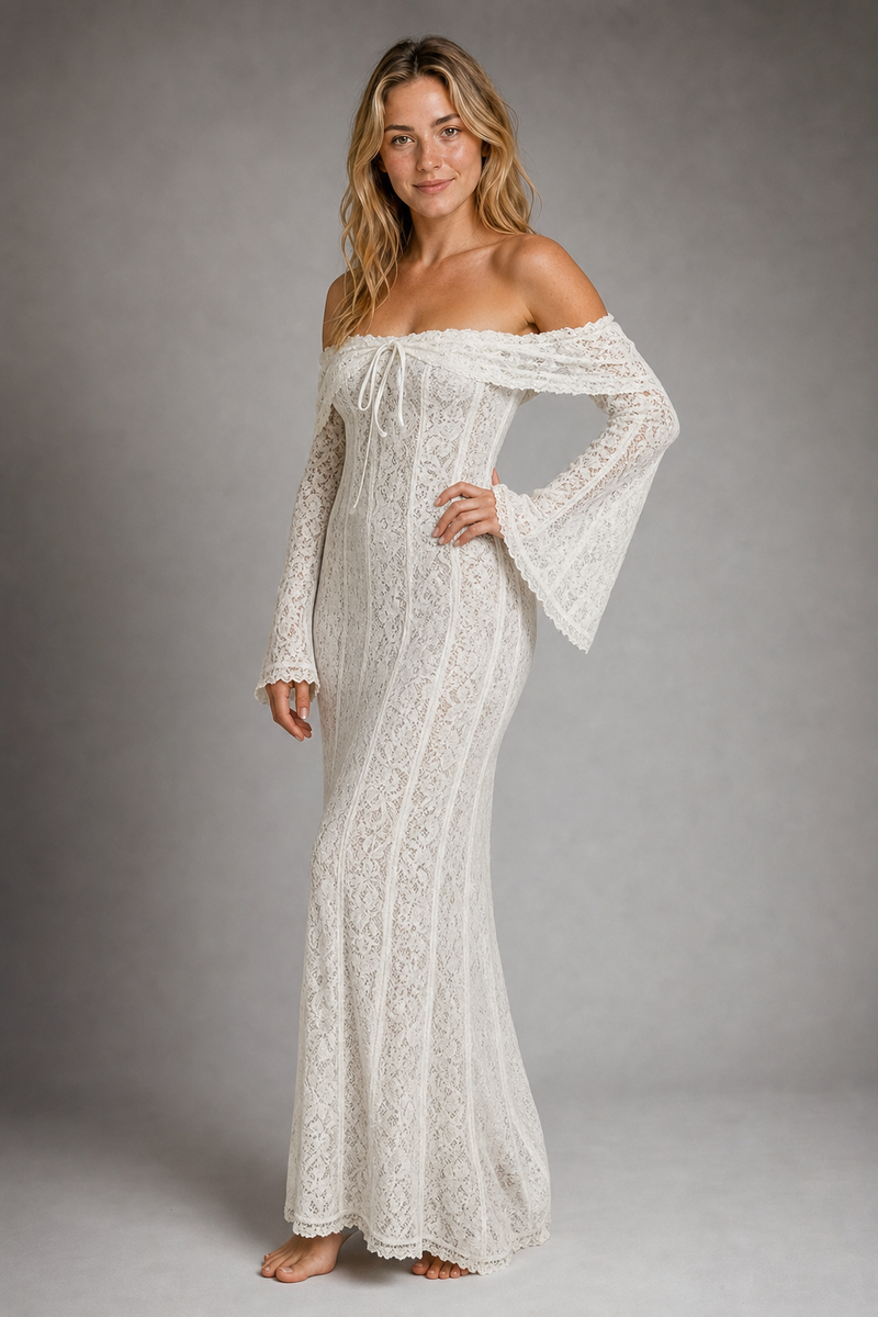 Abby Floral Lace Maxi Dress | Women's Off-Shoulder Wedding-Guest Gown