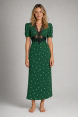 Adrija Lace Midi Dress | Women's Puff-Sleeve Wedding-Guest Dress in Green