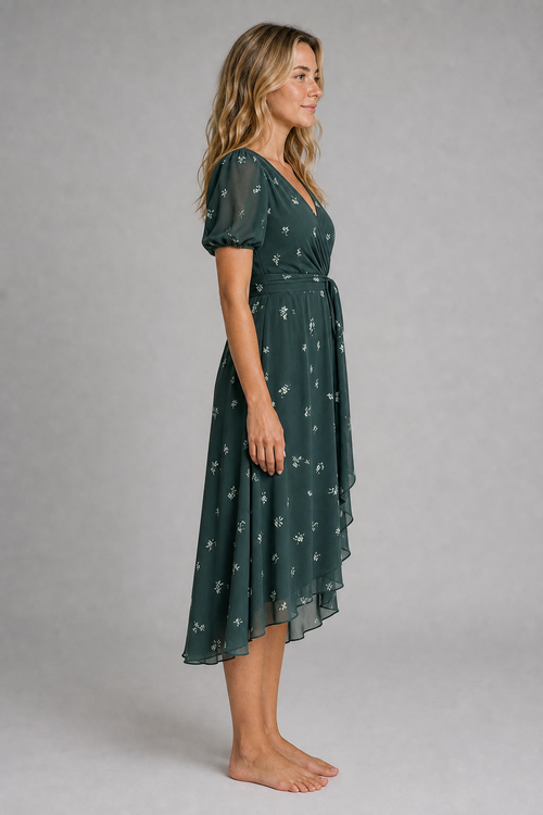 Women's Wrap Floral Dress with V-Neck | Midi