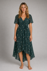 Women's Wrap Floral Dress with V-Neck | Midi in Green