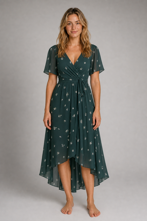 Women's Wrap Floral Dress with V-Neck | Midi