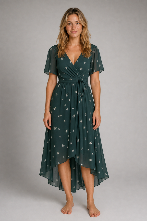 Women's Wrap Floral Dress with V-Neck | Midi