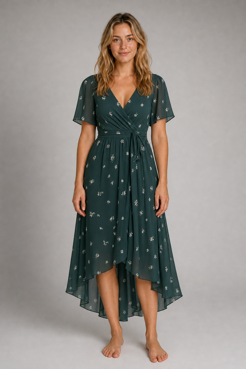 Women's Wrap Floral Dress with V-Neck | Midi
