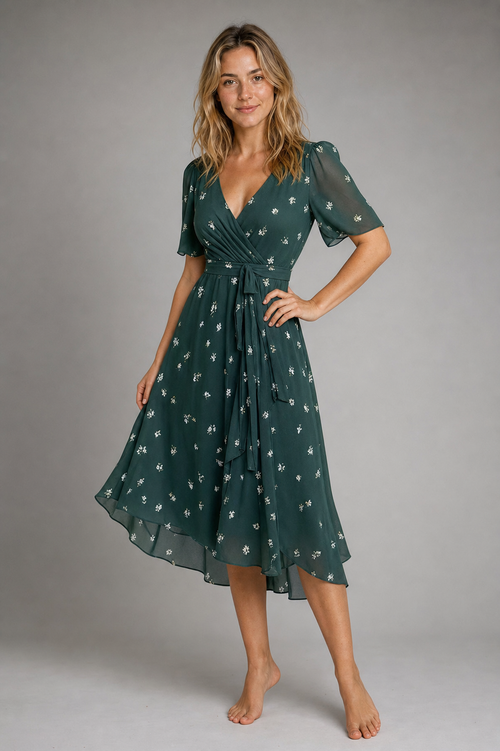 Women's Wrap Floral Dress with V-Neck | Midi