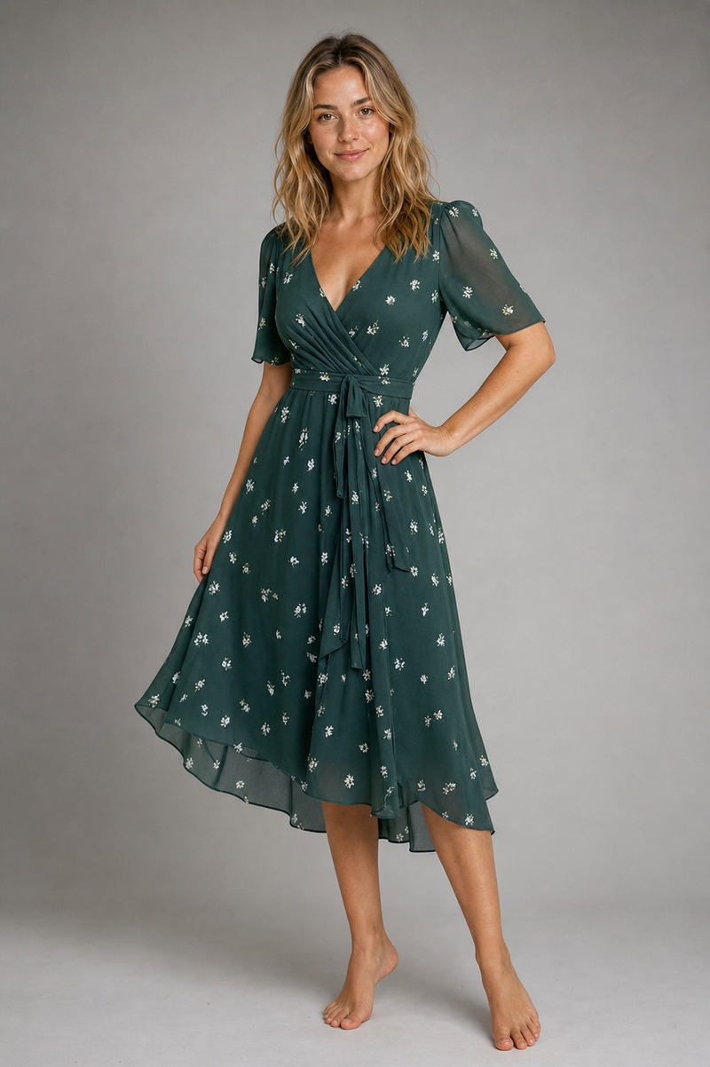 Women's Wrap Floral Dress with V-Neck | Midi