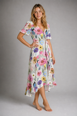 Women's Wrap Floral Dress with V-Neck | Midi in White