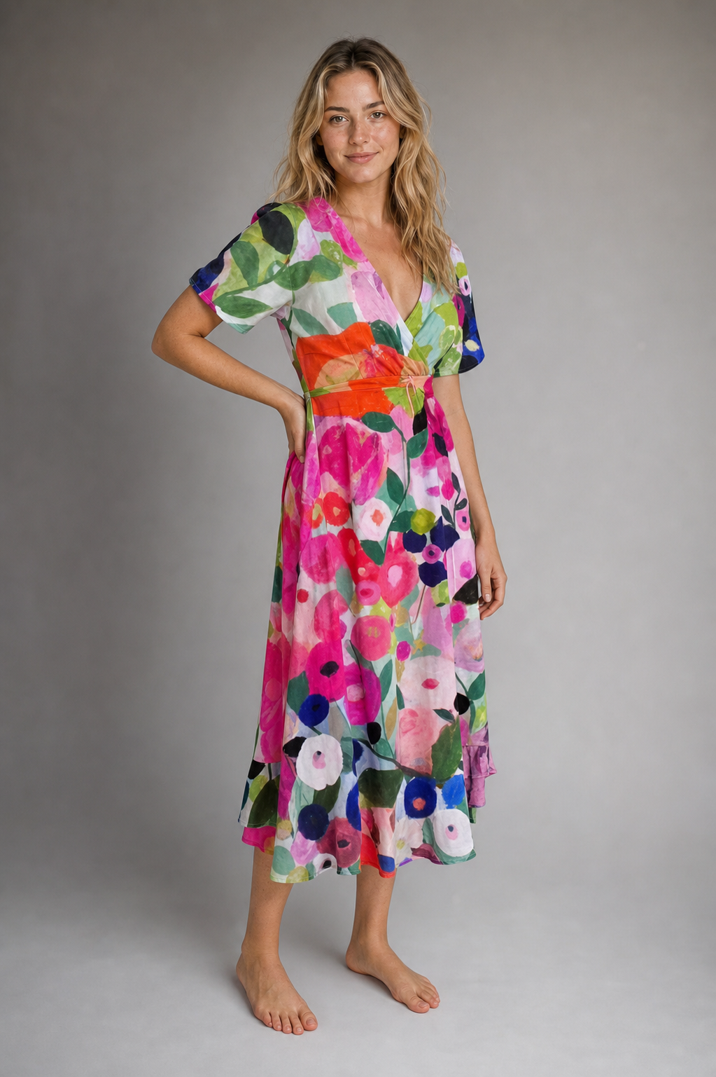 Women's Wrap Floral Dress with V-Neck | Midi