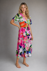 Women's Wrap Floral Dress with V-Neck | Midi in Pink
