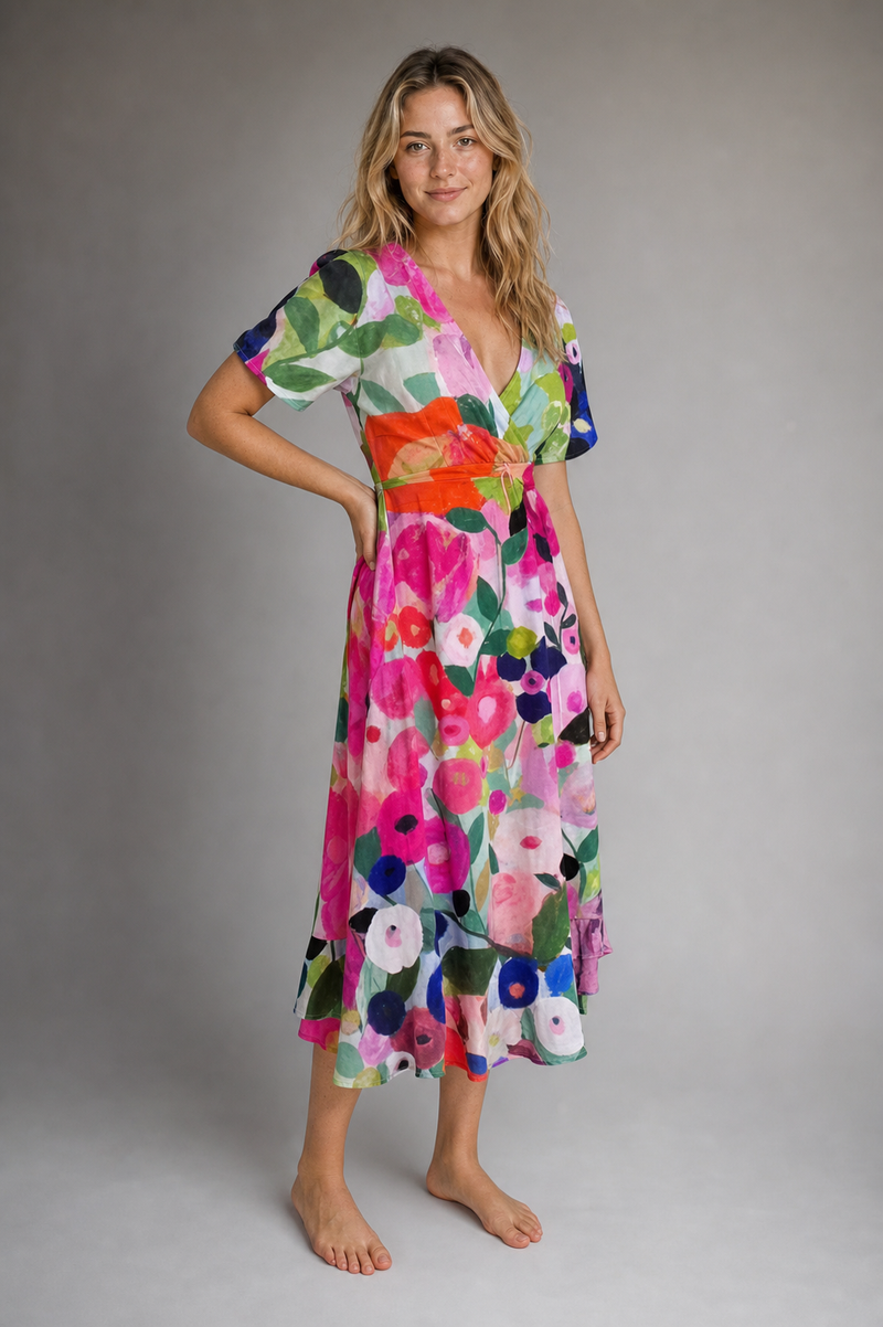 Women's Wrap Floral Dress with V-Neck | Midi