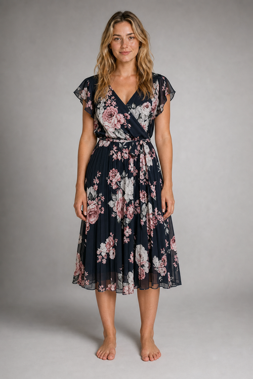 Women's Wrap Dress with Floral Print | Pleated