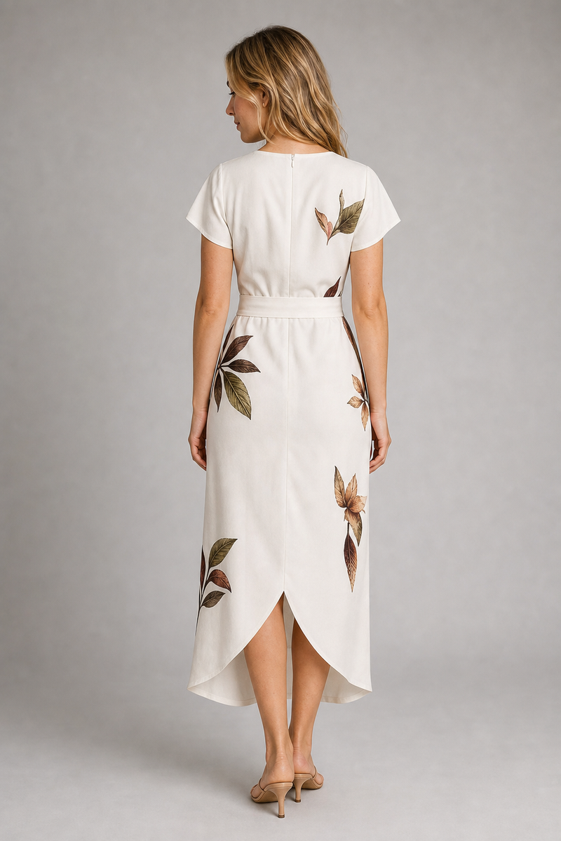 Women's Wrap Dress with Floral V-Neck & Tie Waist | Midi