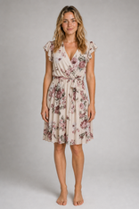 Women's Wrap Dress with Floral Print | Pleated in Apricot