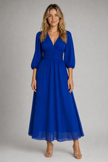 Women's Wedding Guest Dress with V-Neck | A-Line in Blue