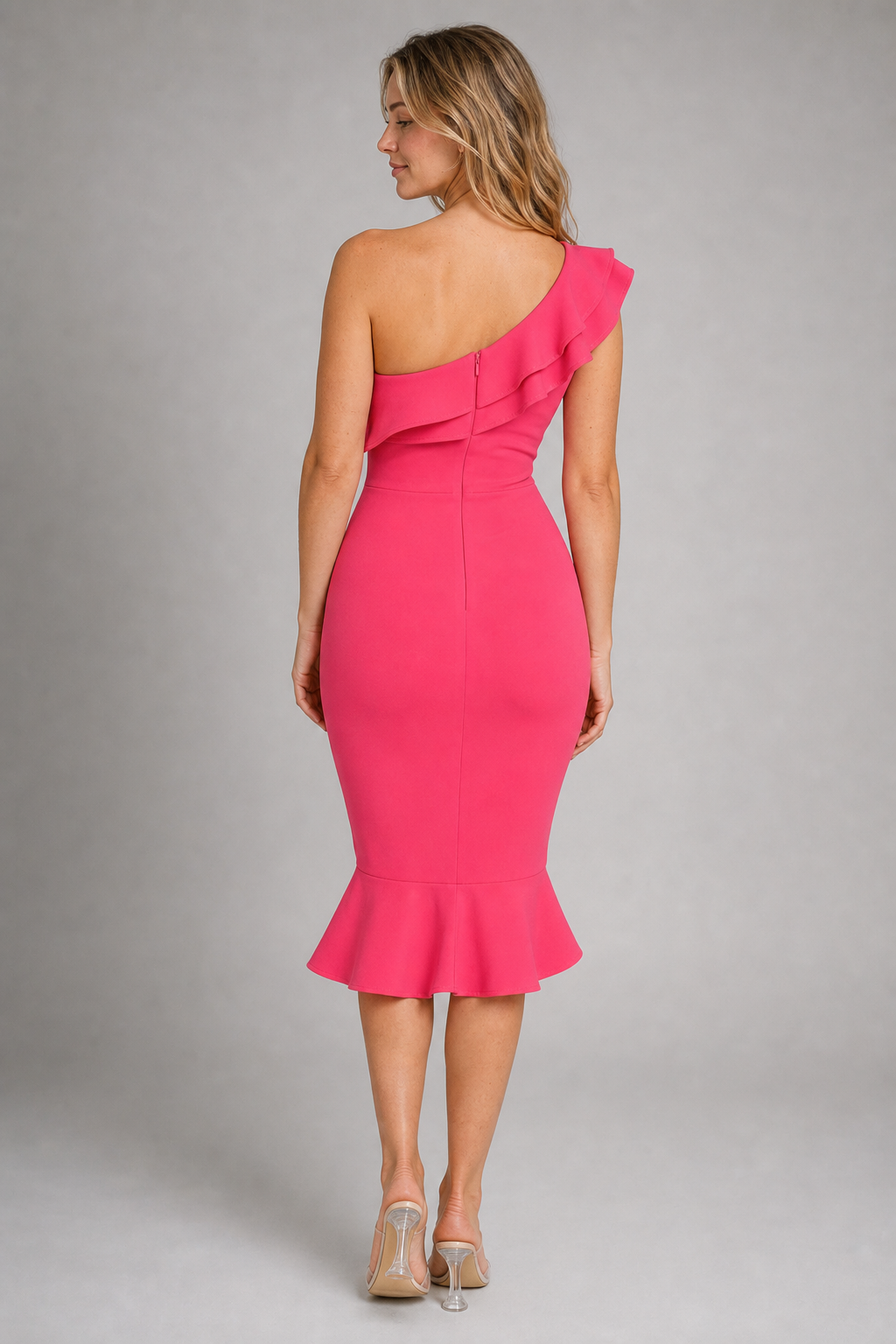 Women's Pink Dress with One Shoulder Ruffle | Midi