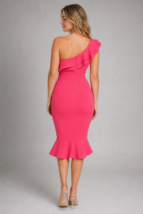 Women's Pink Dress with One Shoulder Ruffle | Midi