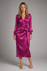 Women's Long Sleeve Dress with V Neck & Tie Waist | Midi Wrap in Purple