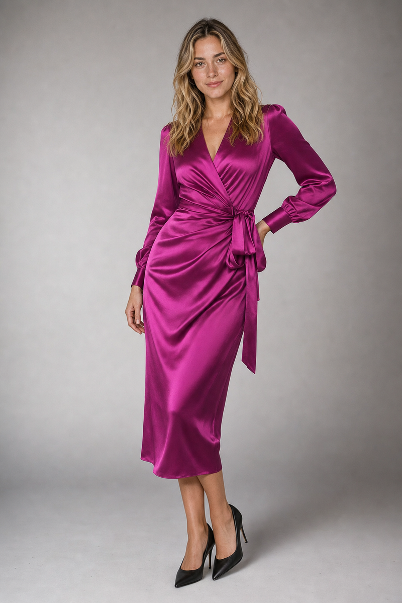 Women's Long Sleeve Dress with V Neck & Tie Waist | Midi Wrap