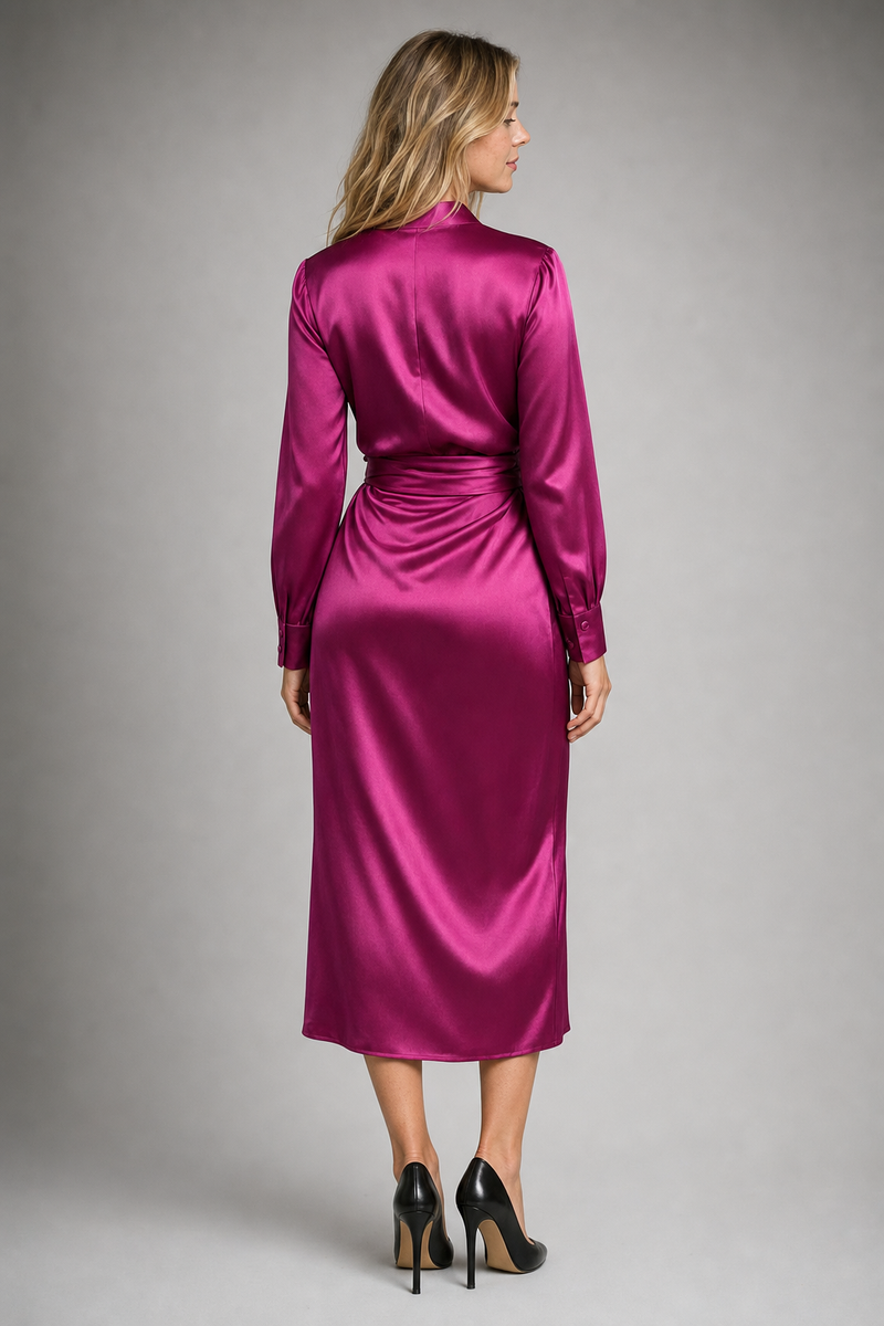Women's Long Sleeve Dress with V Neck & Tie Waist | Midi Wrap