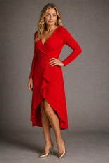 Women's Formal Dress with Wrap V-Neck | Long Sleeve in Red