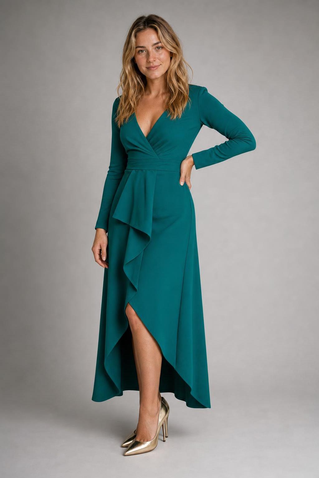 Women's Formal Dress with Wrap V-Neck | Long Sleeve