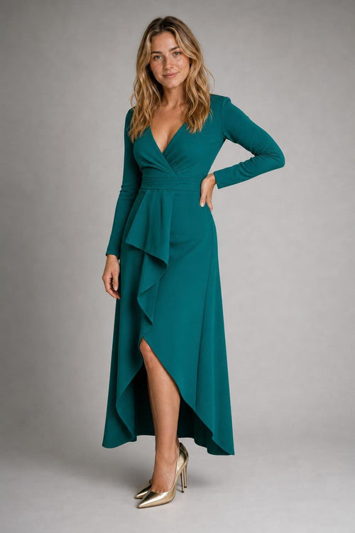 Women's Formal Dress with Wrap V-Neck | Long Sleeve