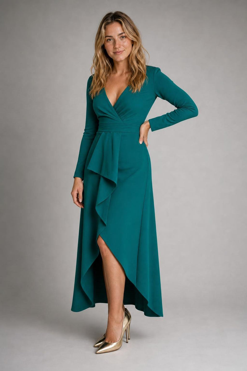 Women's Formal Dress with Wrap V-Neck | Long Sleeve