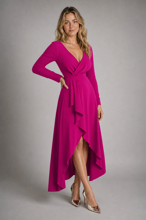 Women's Formal Dress with Wrap V-Neck | Long Sleeve