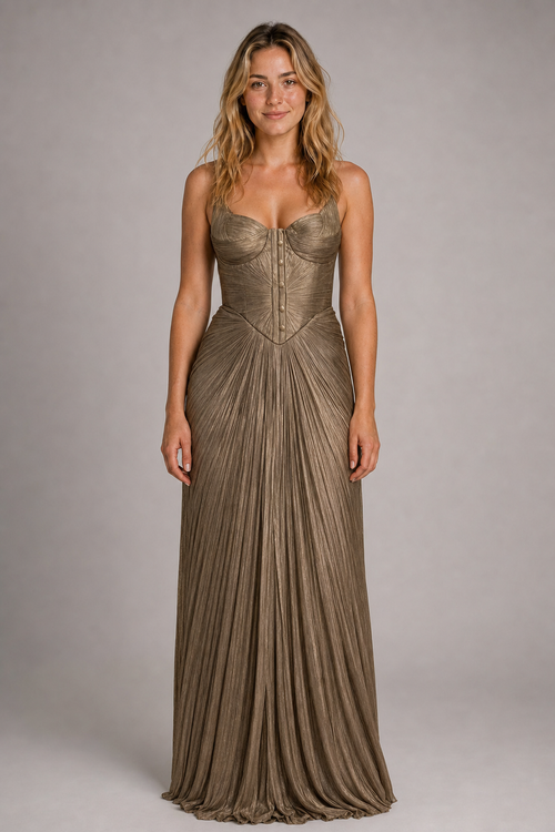 Women's Corset Formal Dress & Tie Back | Maxi Pleated