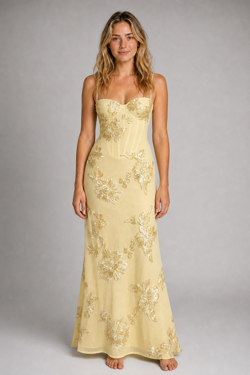 Women's Maxi Corset Dress with Floral Embroidery | Spaghetti Strap