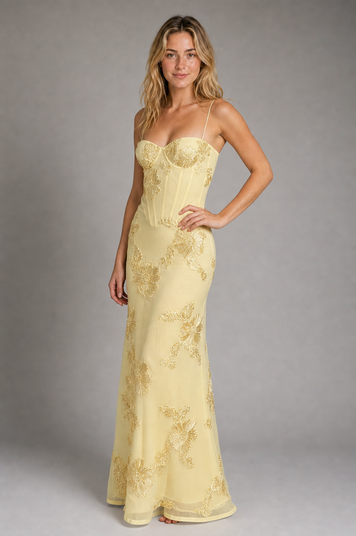 Women's Maxi Corset Dress with Floral Embroidery | Spaghetti Strap