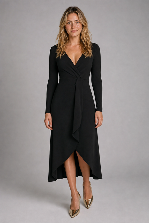 Women's Cocktail Dress with Wrap V-Neck | Long Sleeve Midi