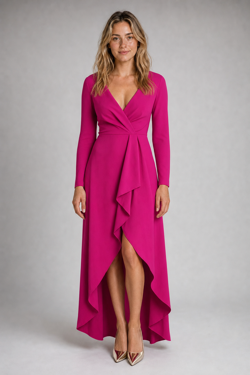 Women's Cocktail Dress with Wrap V-Neck | Long Sleeve Midi