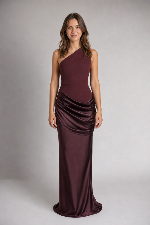 Ondine Pleated Satin Maxi Dress | Women's One-Shoulder Wedding-Guest Gown