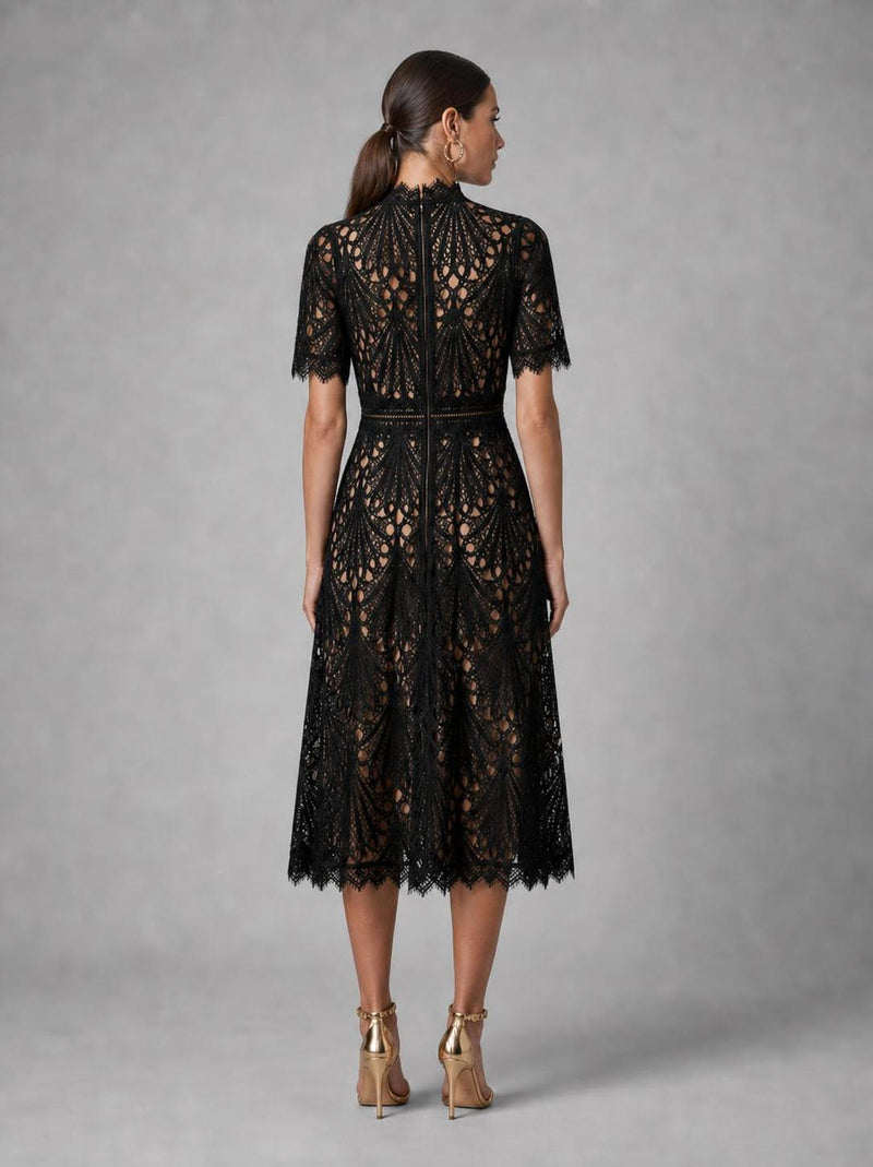 Genevieve Lace Midi Dress | Women's High-Neck A-Line Occasion Dress
