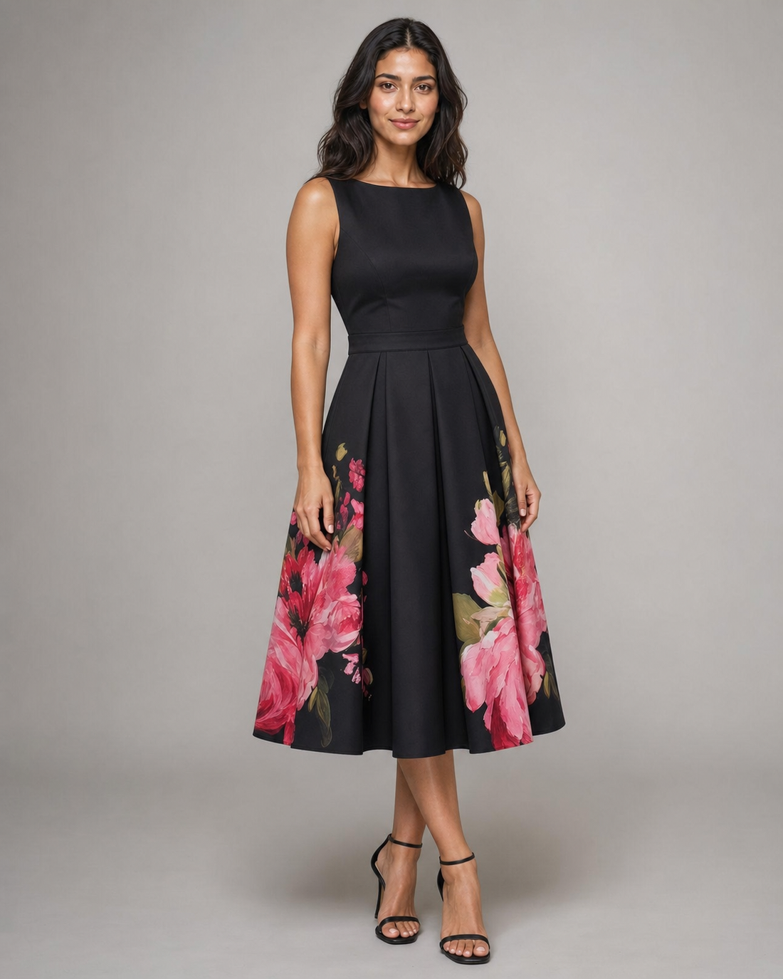 Lucille | Floral Pleated Boat-Neck Midi Dress