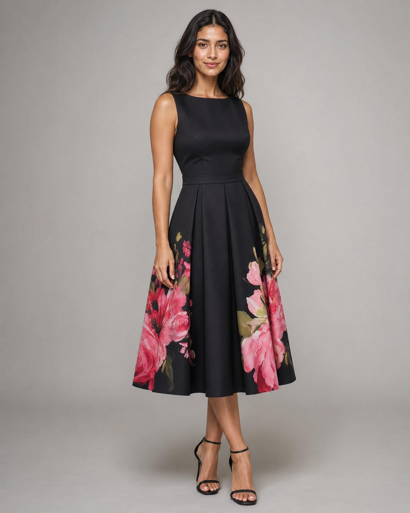 Lucille | Floral Pleated Boat-Neck Midi Dress