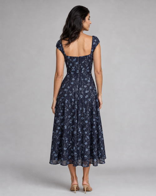 Maeve | Floral Sweetheart Cap-Sleeve Midi Dress — Navy — back