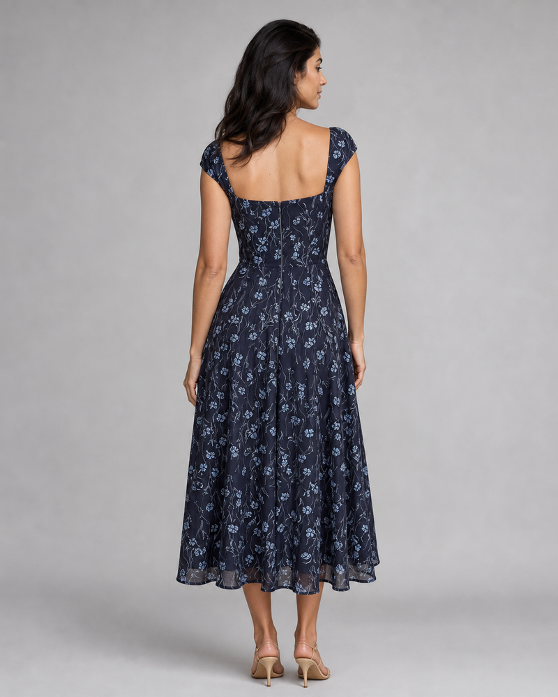 Maeve | Floral Sweetheart Cap-Sleeve Midi Dress
