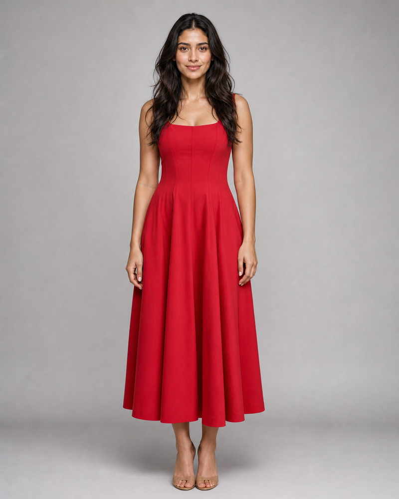 Clemence | Square-Neck Corset Midi Dress with Lace-Up Back