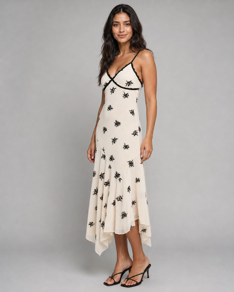 Lucinda | Embroidered Floral Lace-Trim Midi Dress