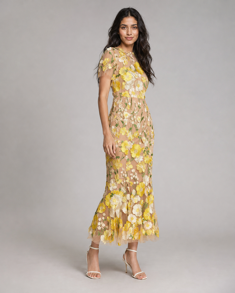 Juliette | 3D Floral Appliqué Midi Dress